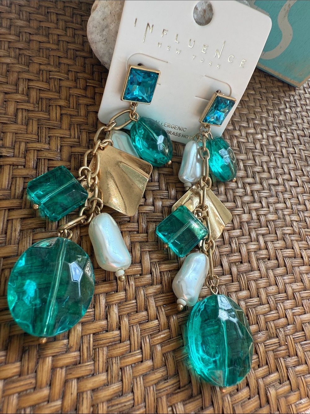 Gold Chain Drop Earrings with Turquoise Blue Beads and Pearlescent Accents - Picture 5 of 7